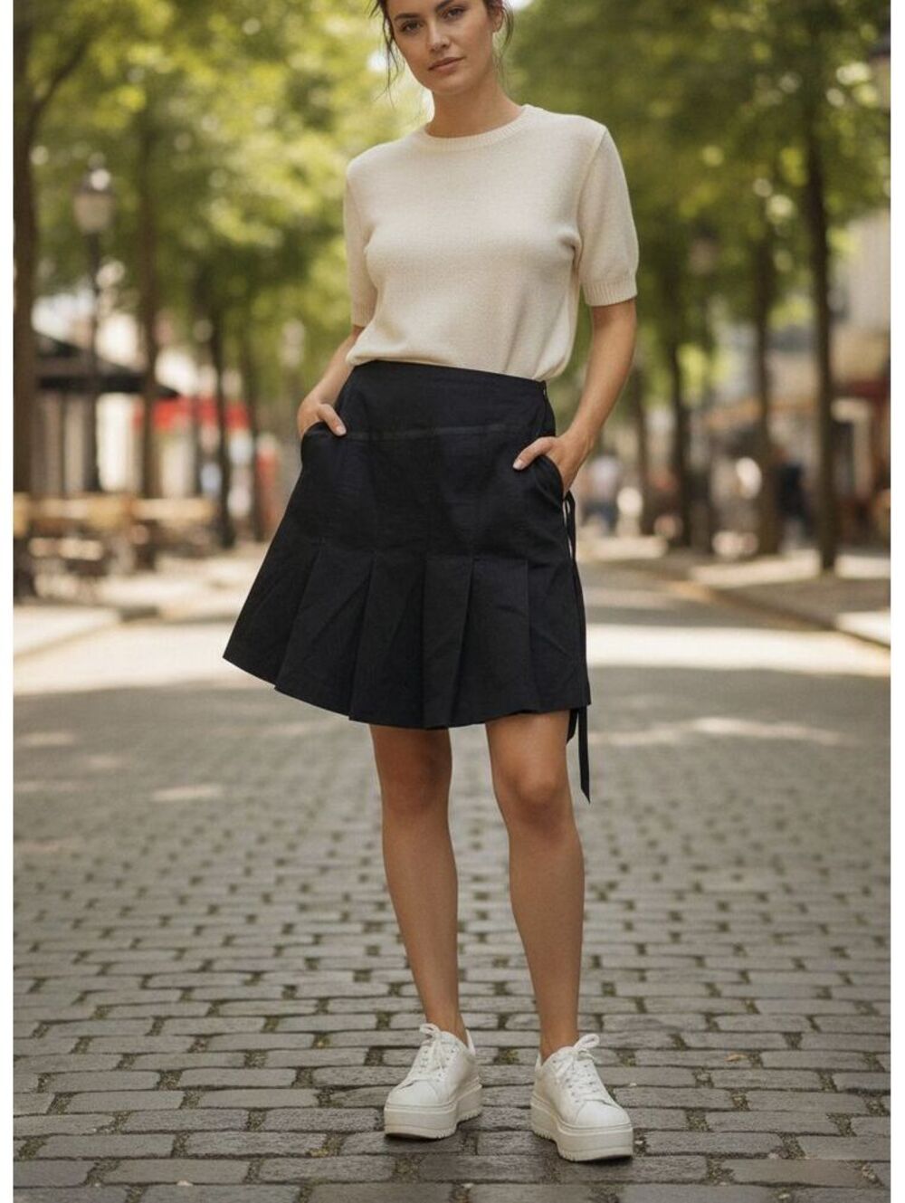 Della Spiga Black Pleated Cotton Stretch Skirt Size 6 Dark Academia Minimalist